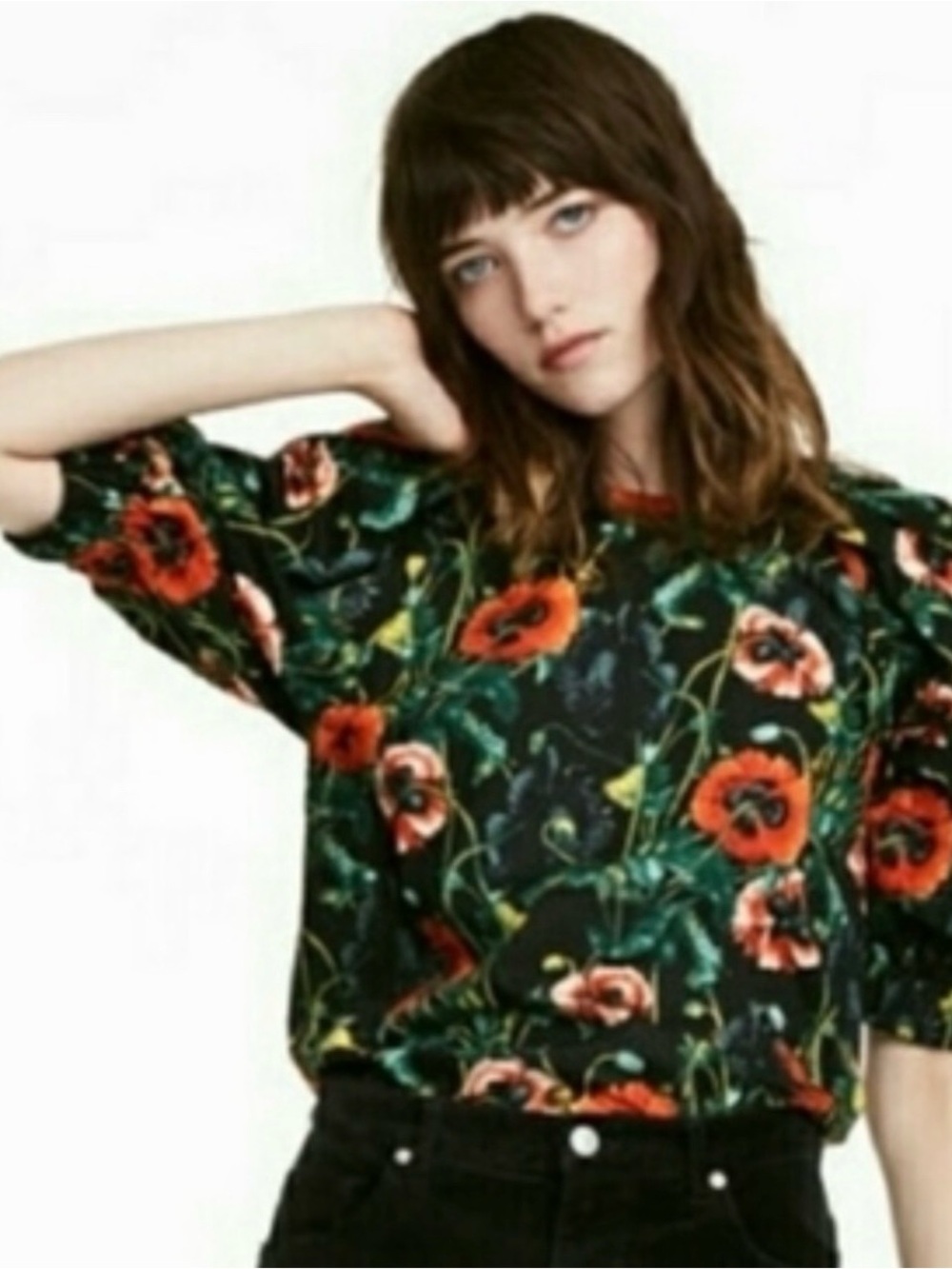H&M Floral Poppy Puff Half Sleeve Top in Black and Red, 100% cotton, size 8